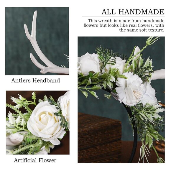 Handmade White Flower Antler Headpiece Woodland Reindeer Crown for Cosplay main image 4